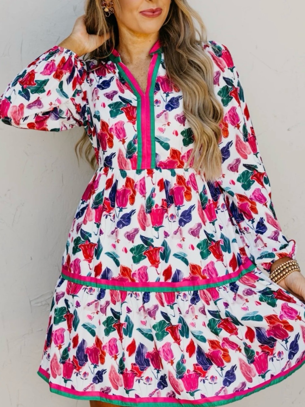 Mod Boutique Floral Long-Sleeve V-Neck Tiered Dress Size XL NEW